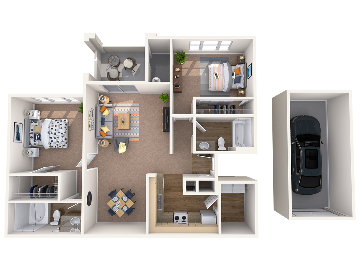 Floor plan for 2 beds, 2 baths, 1030 sqft